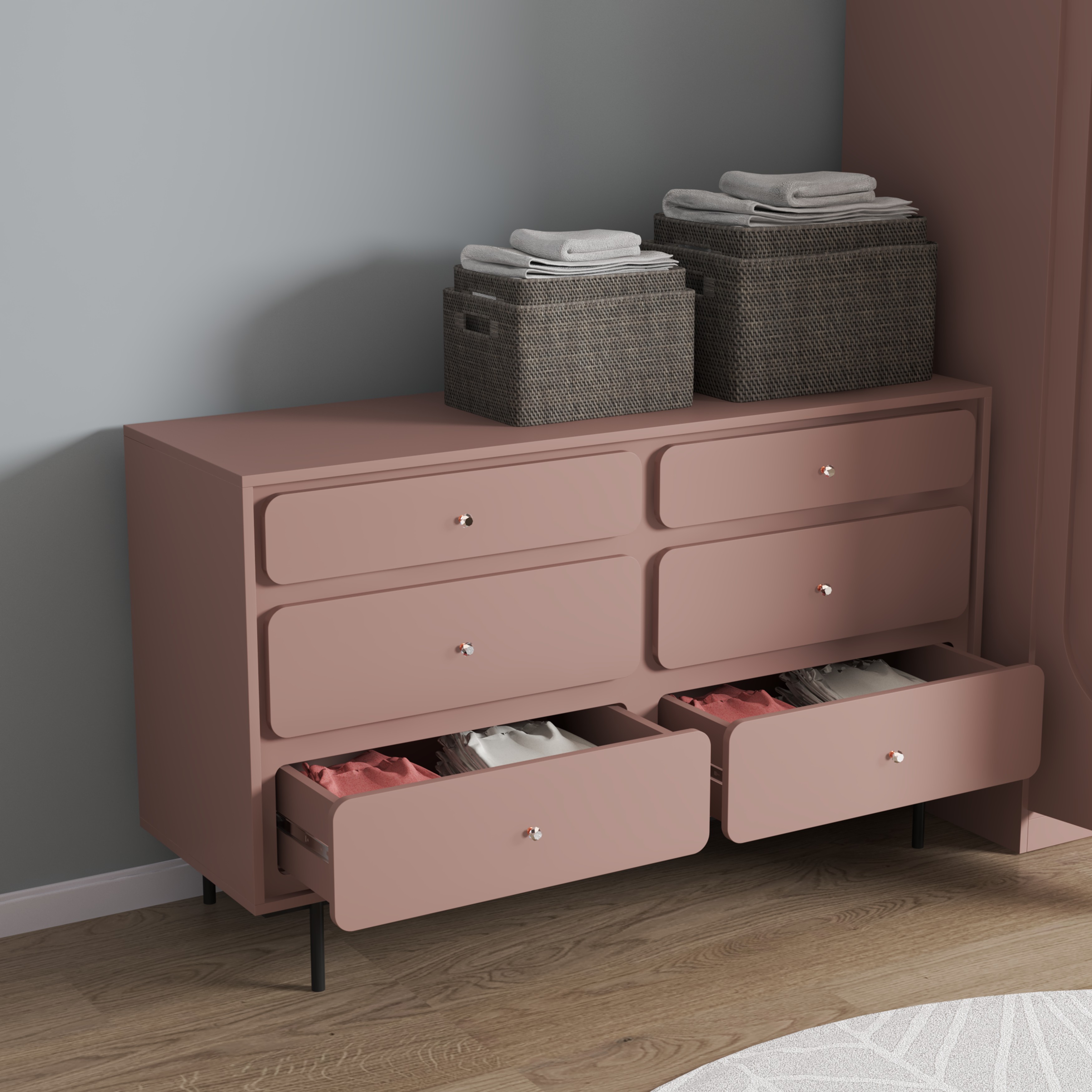 SWEETY, Tủ đựng đồ 6 ngăn kéo - chân sắt, 140cm x 45cm x 82cm , THK_081