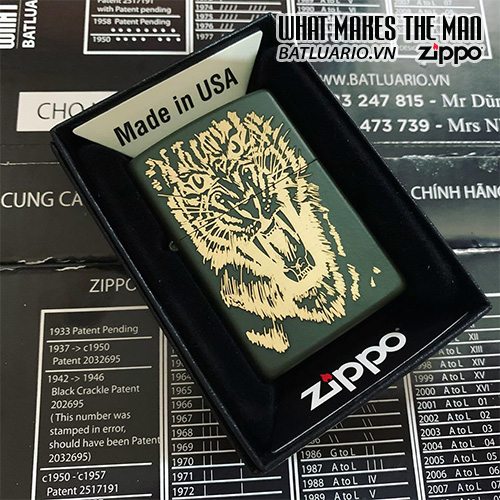 Bật Lửa Zippo 221 Xanh Quân Đội Khắc Hổ 31 – Zippo 221.Ho31