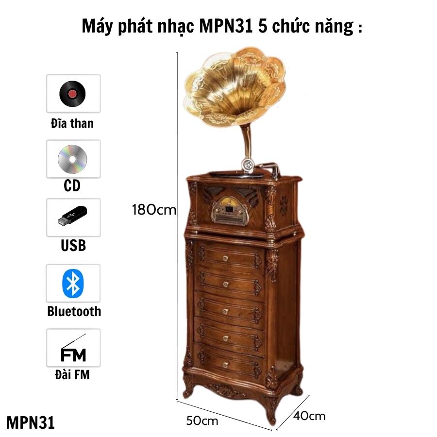 Máy phát nhạc phong cách tân cổ điển MPN31 Đa chức năng đĩa than, đĩa CD, DVD, USB, Bluetooth và đài FM.