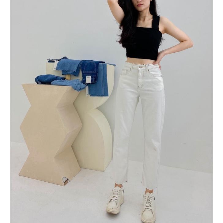Quần jean baggy nữ trắng chỉ nổi cotton co dãn 4 chiều