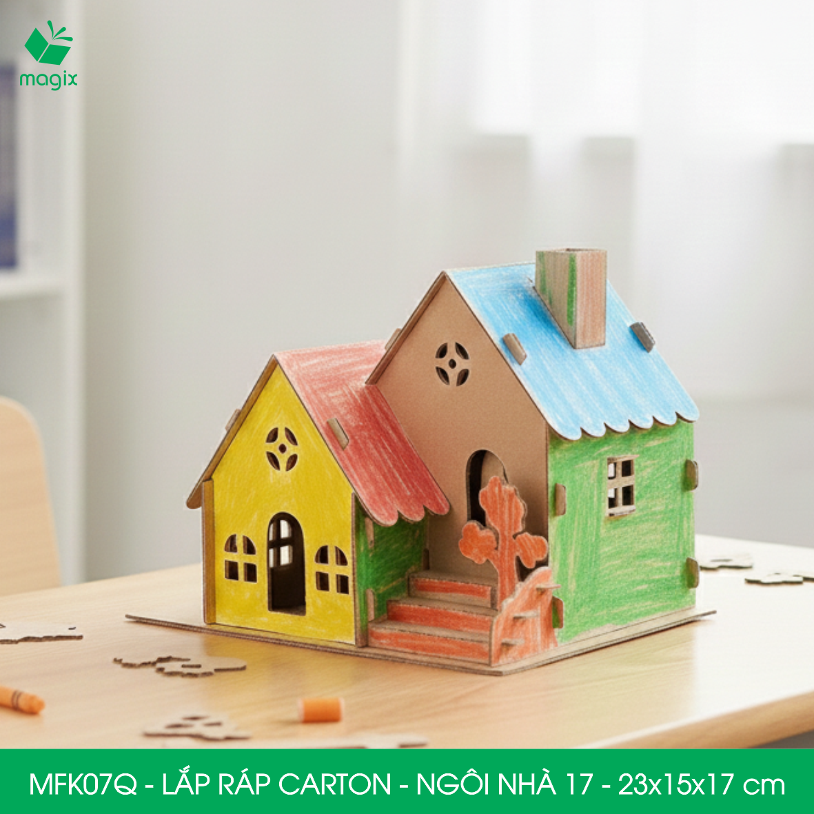 MFK07Q - 23x15x17 cm - Mô hình ngôi nhà lắp ráp từ bìa carton cao cấp, nhà giấy carton mini sáng tạo