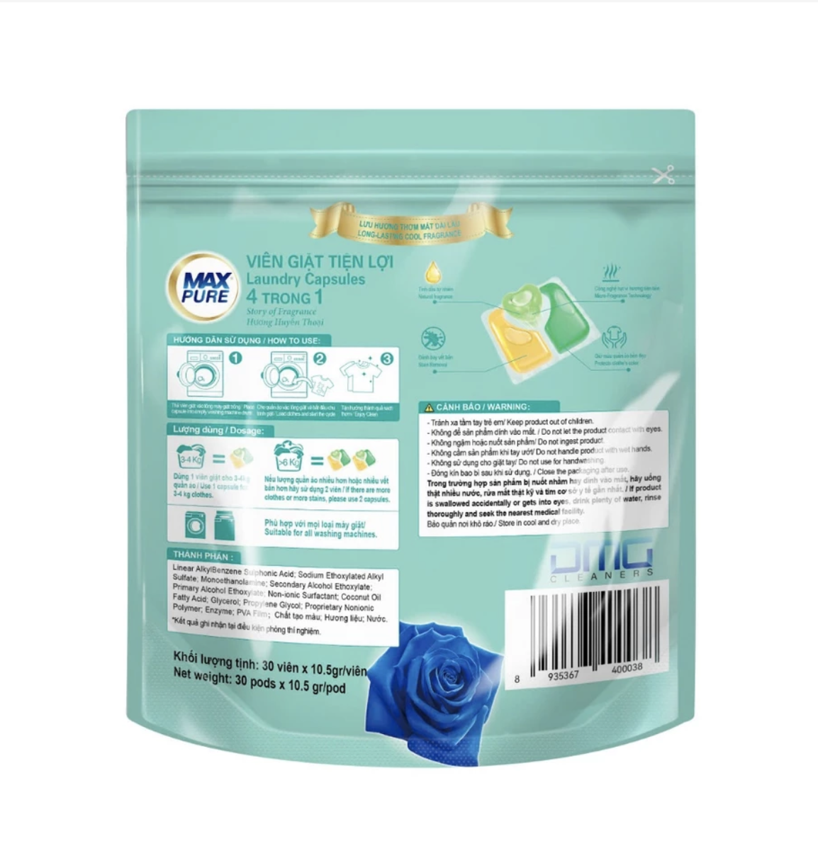 Túi 30 Viên Giặt Tiện Lợi MaxPure 4in1- Hương Huyền Thoại - tặng 1 vỉ treo bồn cầu hương Chanh