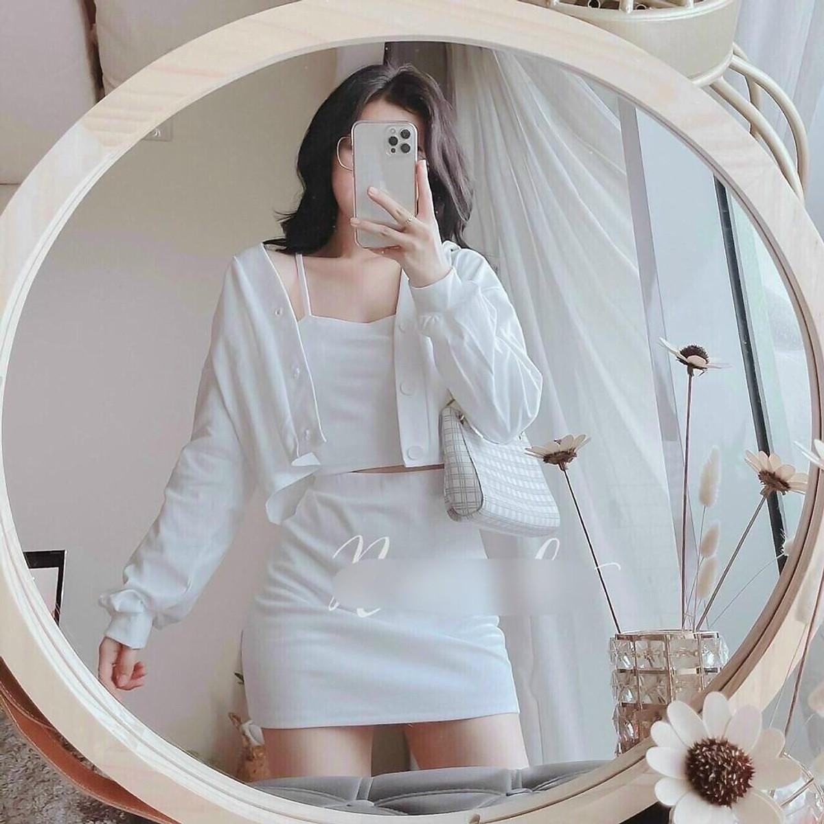 Sét 3 món áo khoác ngoài + áo 2 dây phối chân váy chữ A màu trắng trẻ trung thanh lịch