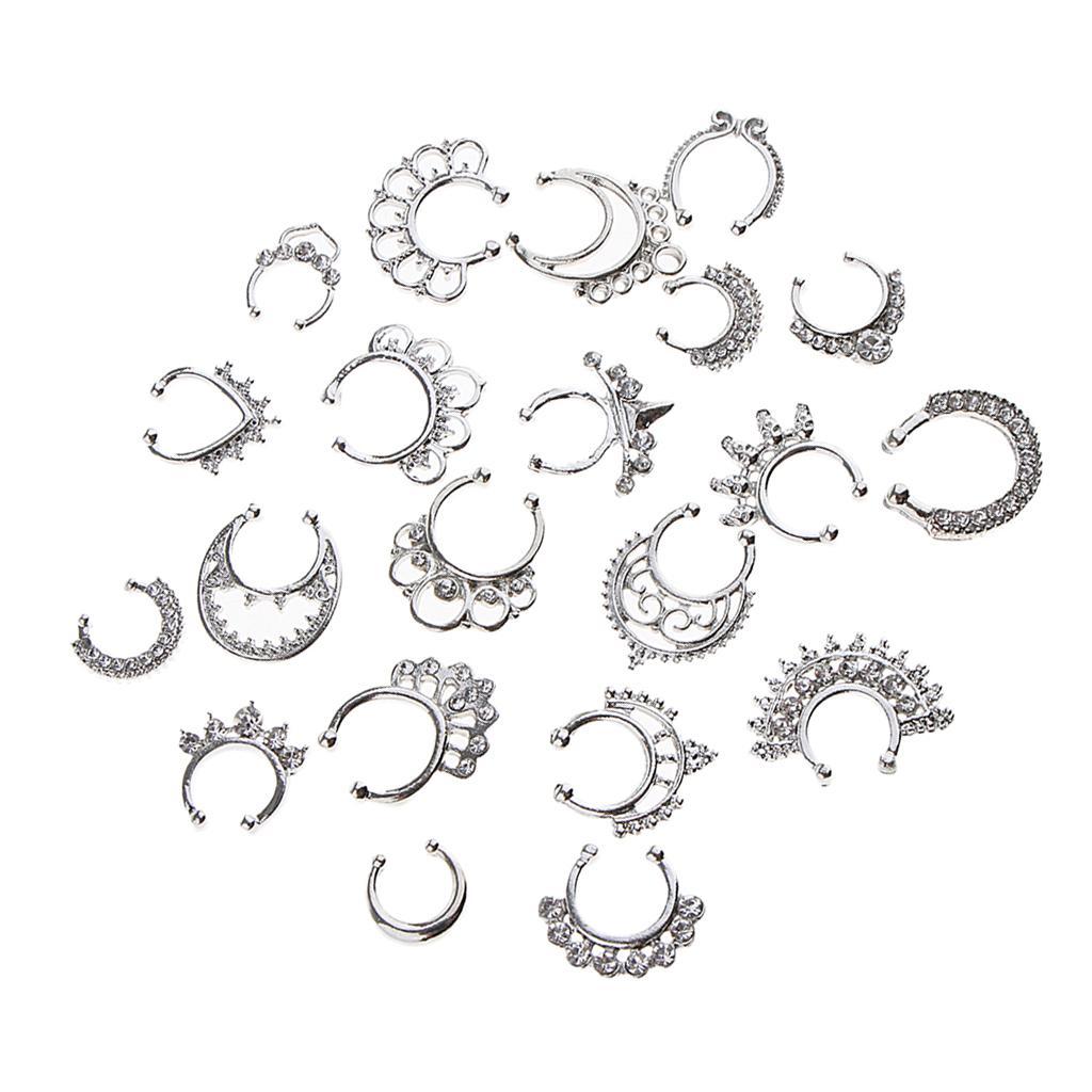 2x21 Pieces Crystal Fake Septum Clicker Nose Ring Non-piercing Silver