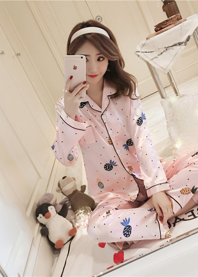 Bộ đồ ngủ Pijama tay dài quần dài phi bóng hoạ tiết trái thơm dễ thương CDANP11 hồng cam