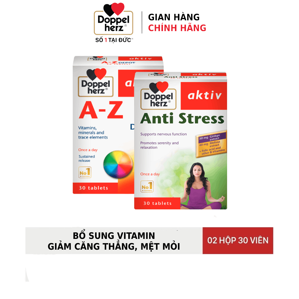 Bộ đôi bổ sung vitamin, khoáng chất, giảm căng thẳng mệt mỏi Doppelherz Anti Stress + A Z Depot