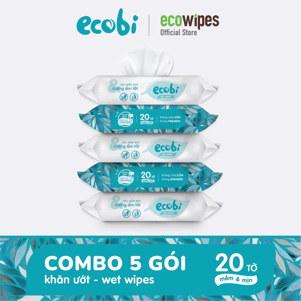 Combo 05 gói khăn ướt Ecobi gói 20 tờ không mùi không cồn không paraben an toàn cho da của bé