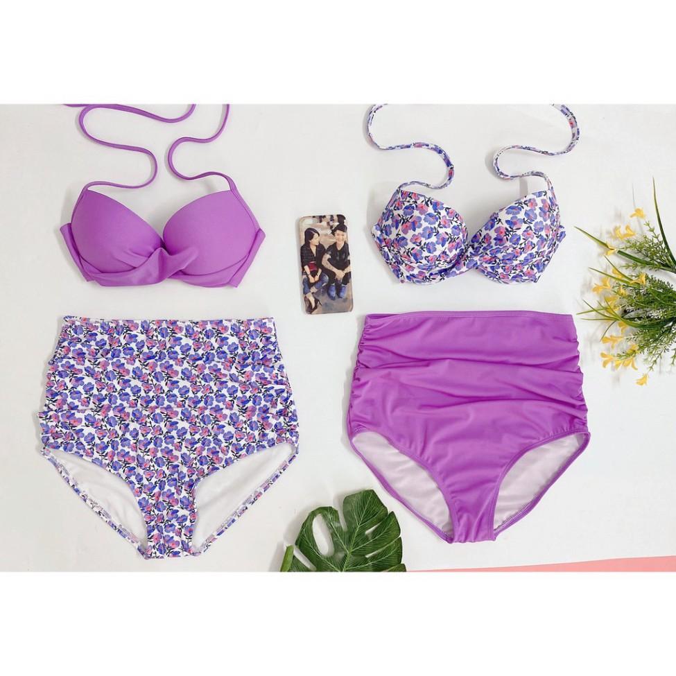 Bikini 2 mảnh áo bơi nữ đẹp mặc đi biển hoa tím nhỏ nổi bật