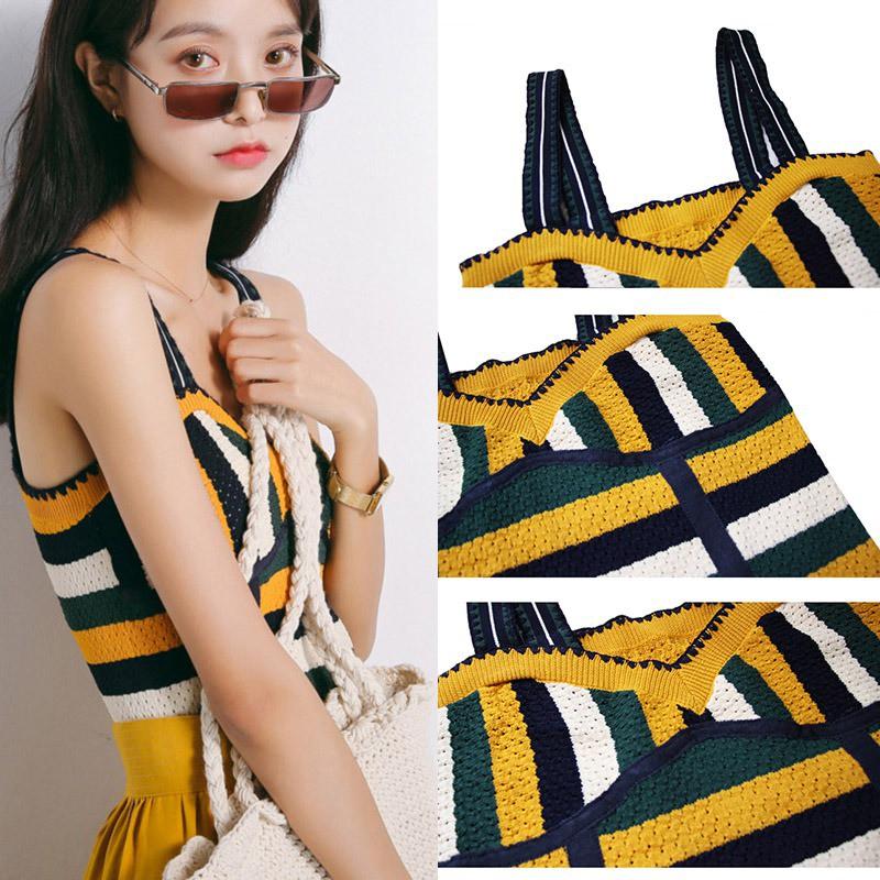 Áo dệt kim cộc tay cổ chữ V họa tiết kẻ sọc thời trang nữ