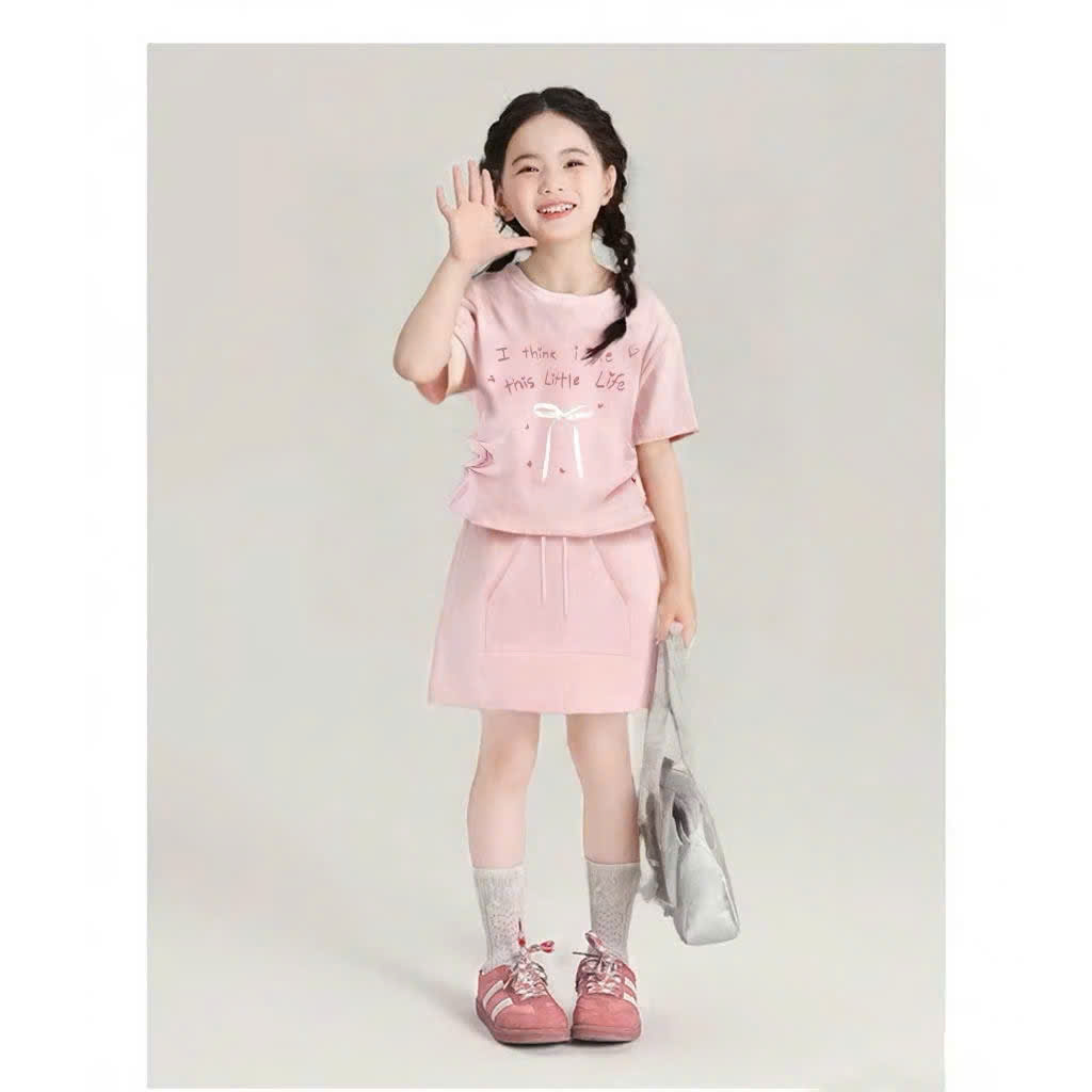 SET VÁY BÉ GÁI ÁO THUN DÂY RÚT ĐÍNH NƠ KÈM CHÂN VÁY CHỮ A TỪ 12-45KG DÀNH CHO BÉ GÁI