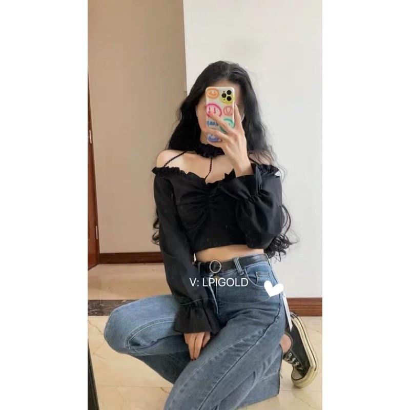 Áo sơmi croptop mix choker cá tính mẫu 2021