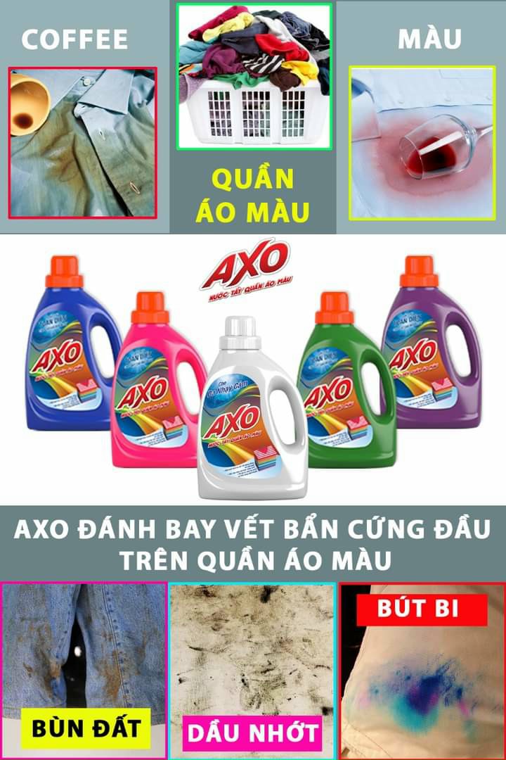 [Combo 4 TẶNG 2] 4 chai Nước tẩy quần áo màu đánh bay vết bẩn AXO 800ml đa dạng mùi hương