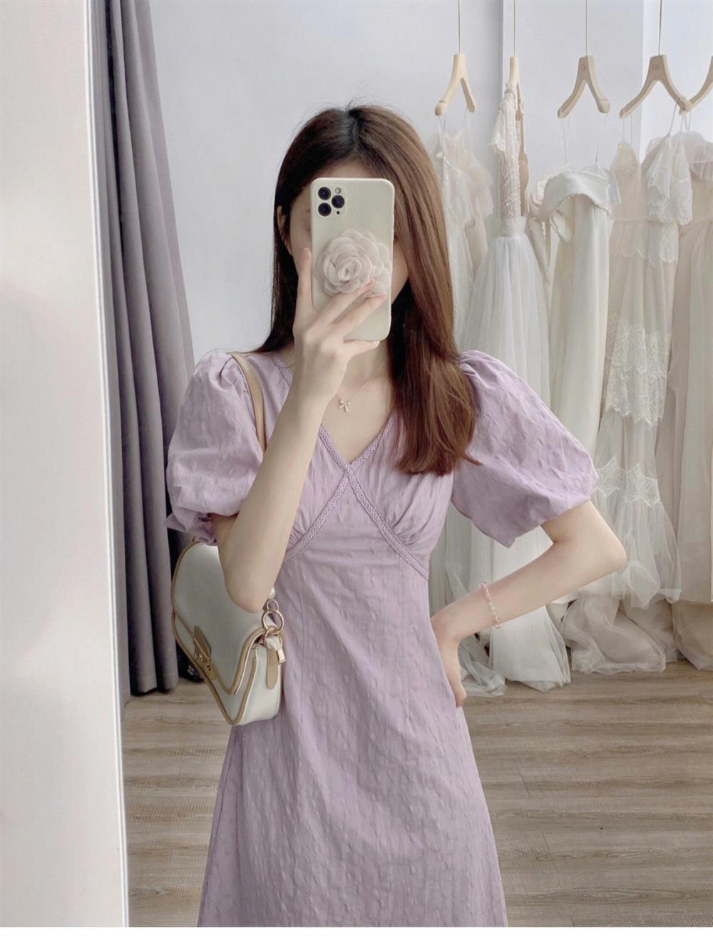 DONGSHOP Váy dài cổ chữ V màu trắng dịu dàng kiểu Pháp, váy dài cổ chữ V màu tím, con cái Hạ Độc đáo, thắt lưng, tay áo bong bóng, váy liền áo.