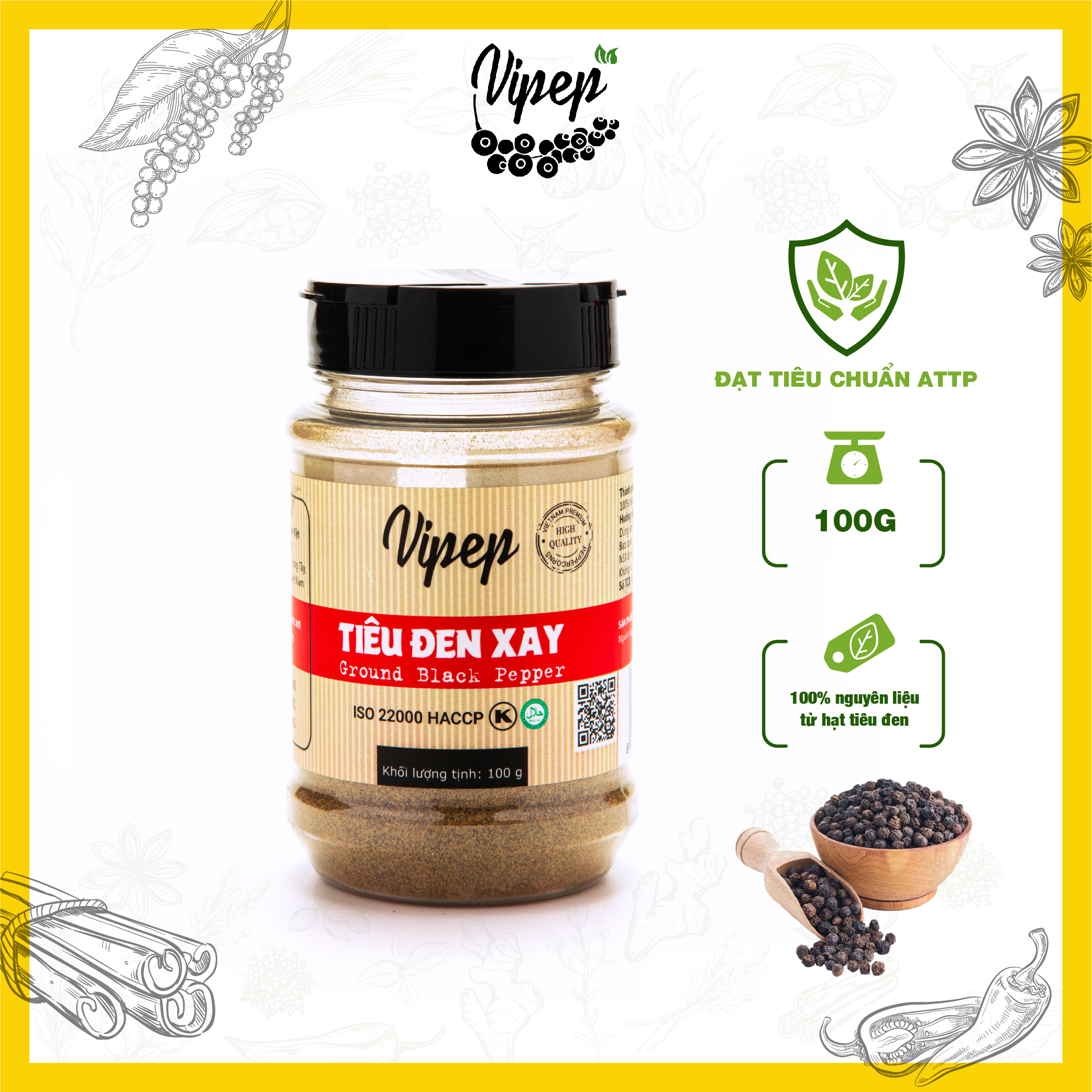 Tiêu đen xay nhuyễn Vipep 100g cay thơm dậy mùi, chuyên dùng làm gia vị ứớp thực phẩm, nêm món xào,.