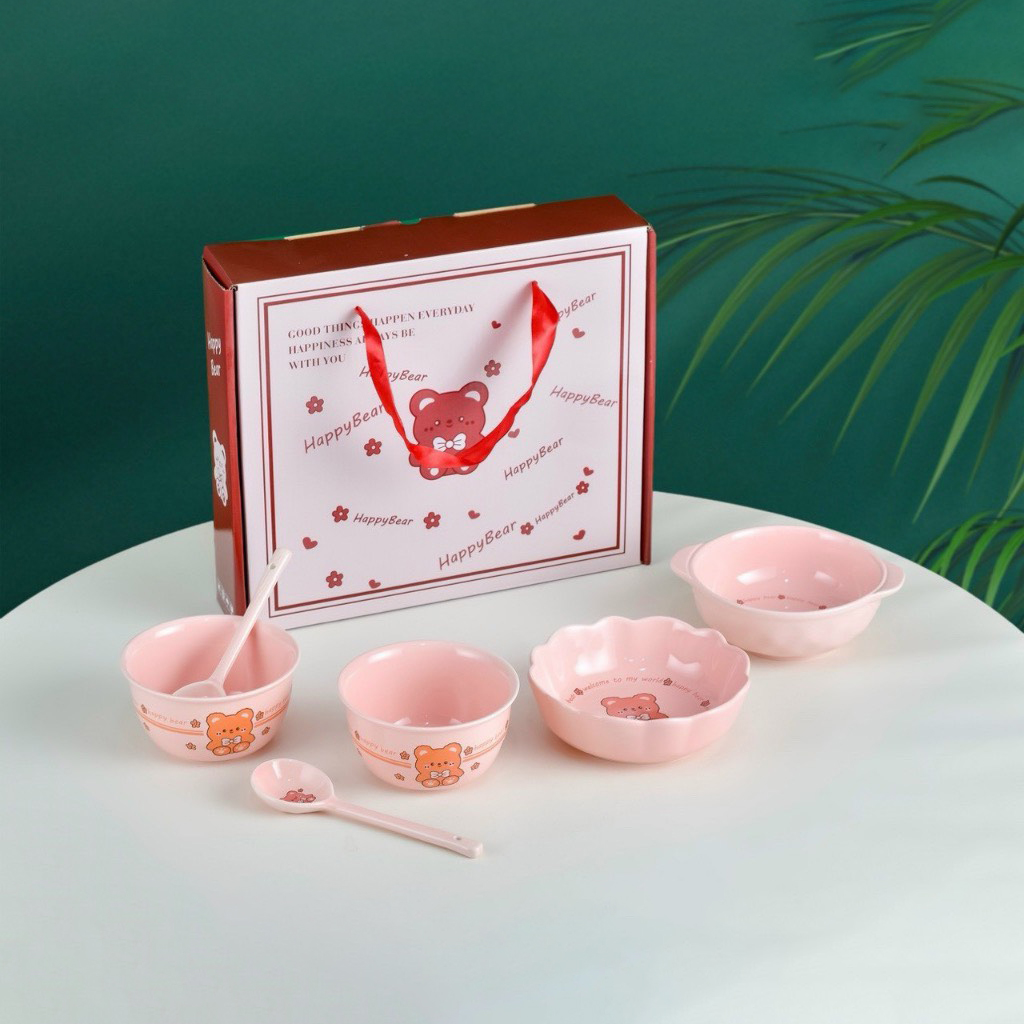 Bộ bát ăn cho bé bằng gốm sứ nhiều màu dễ thương Kèm Thìa