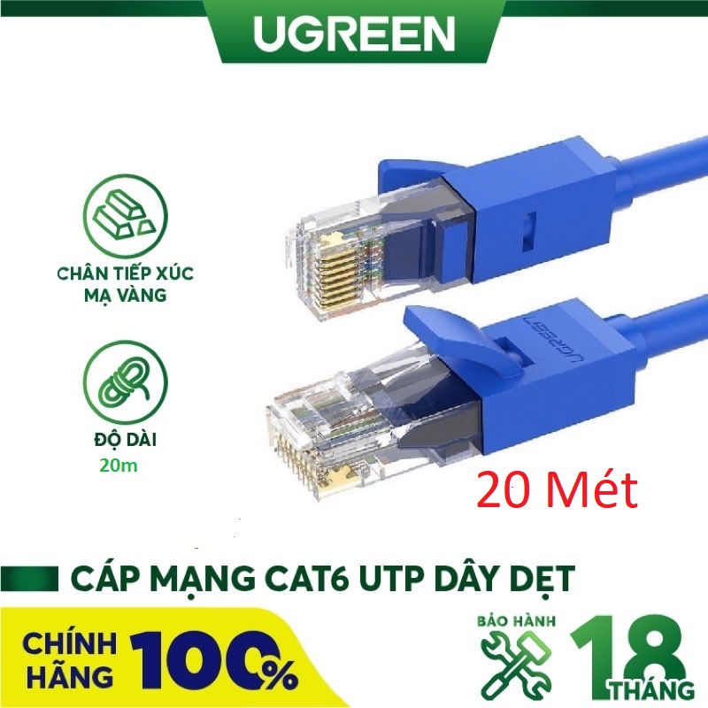 Dây mạng bấm sẵn 2 đầu Cat6 UTP Patch Cords dài 20M UGREEN NW102 11206 - Hàng chính hãng