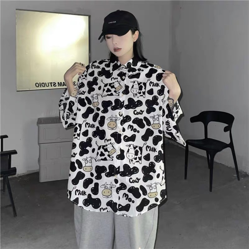 Áo Sơ Mi Hoạ Tiết Tay Lỡ Dáng Rộng,Sơ Mi Con Bò Tay Lửng Unisex - MM
