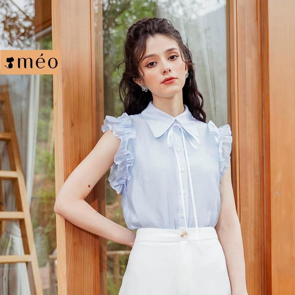 Áo kiểu nữ Méo shop không tay có nơ cổ sơ mi nhún bèo Inlie