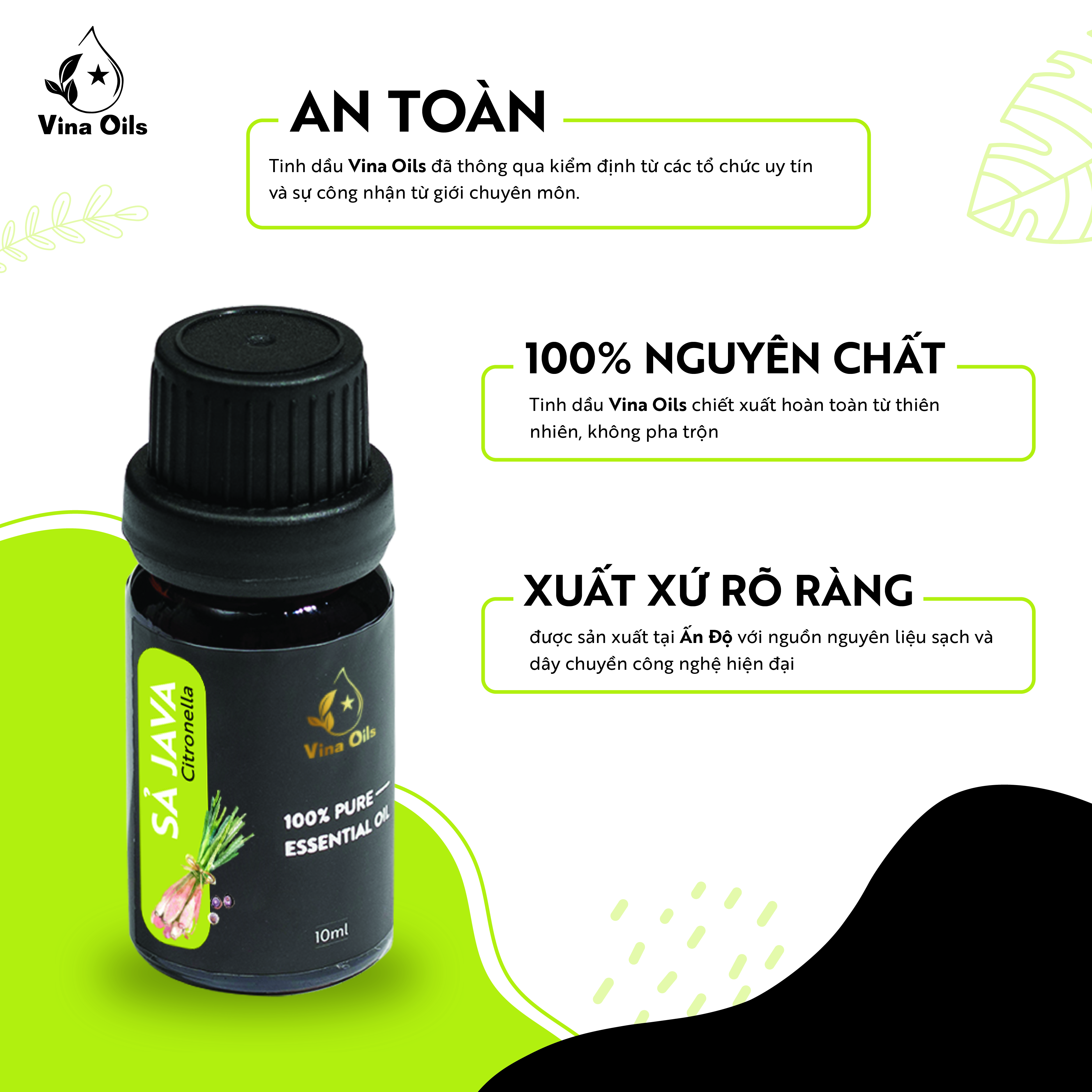 Tinh Dầu Sả Java Vina Oils 10ml - Citronella Essential Oil 10ml - Chiết Xuất Từ Thân Và Lá - Giúp Khử Mùi Không Gian, Giảm Đau Đầu, Xua Đuổi Côn Trùng, Kích Thích Tiêu Hóa, Ổn Định Tuần Hoàn Máu