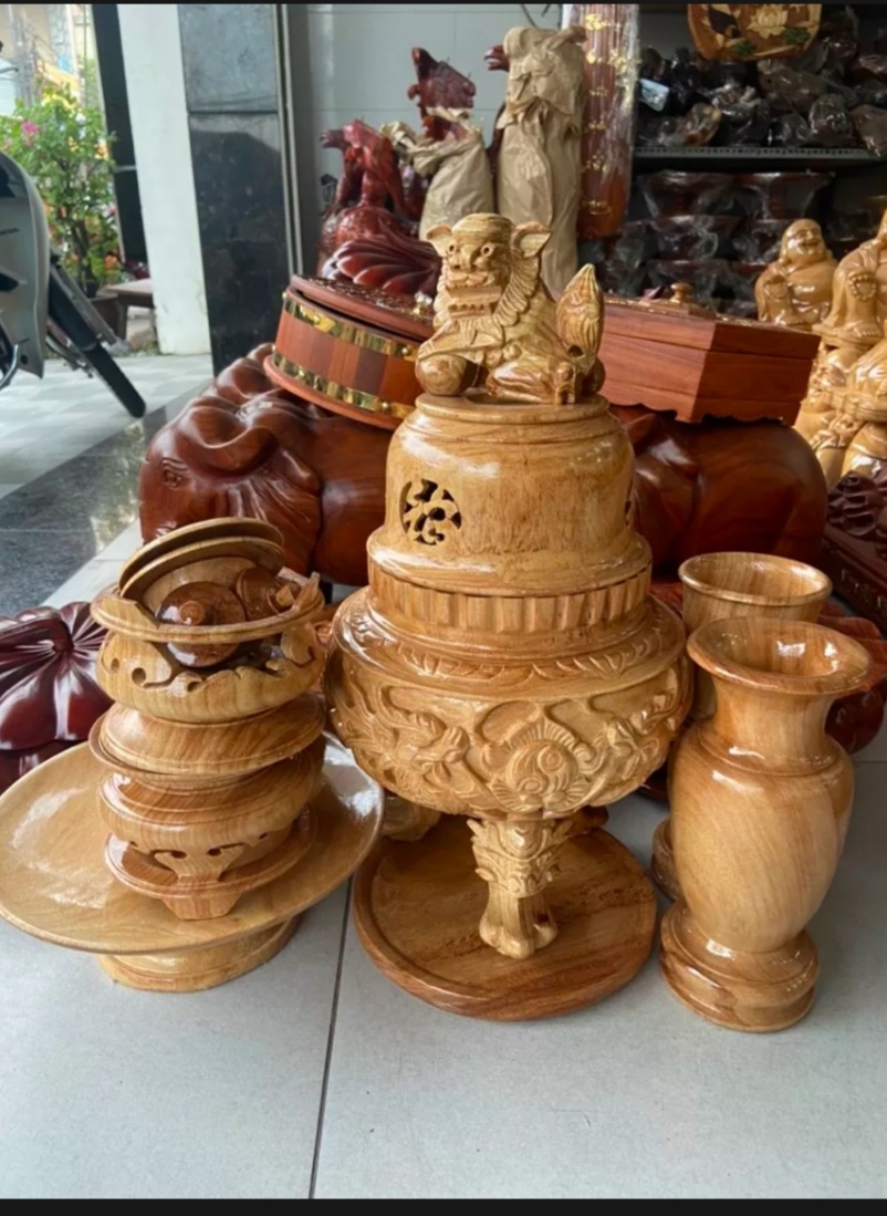 Bộ lư hương _Bộ lư thờ cúng 9 món gỗ gõ đỏ cao 60cm