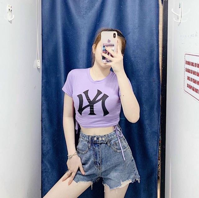 Áo thun rút dây croptop in chữ vải thun lụa