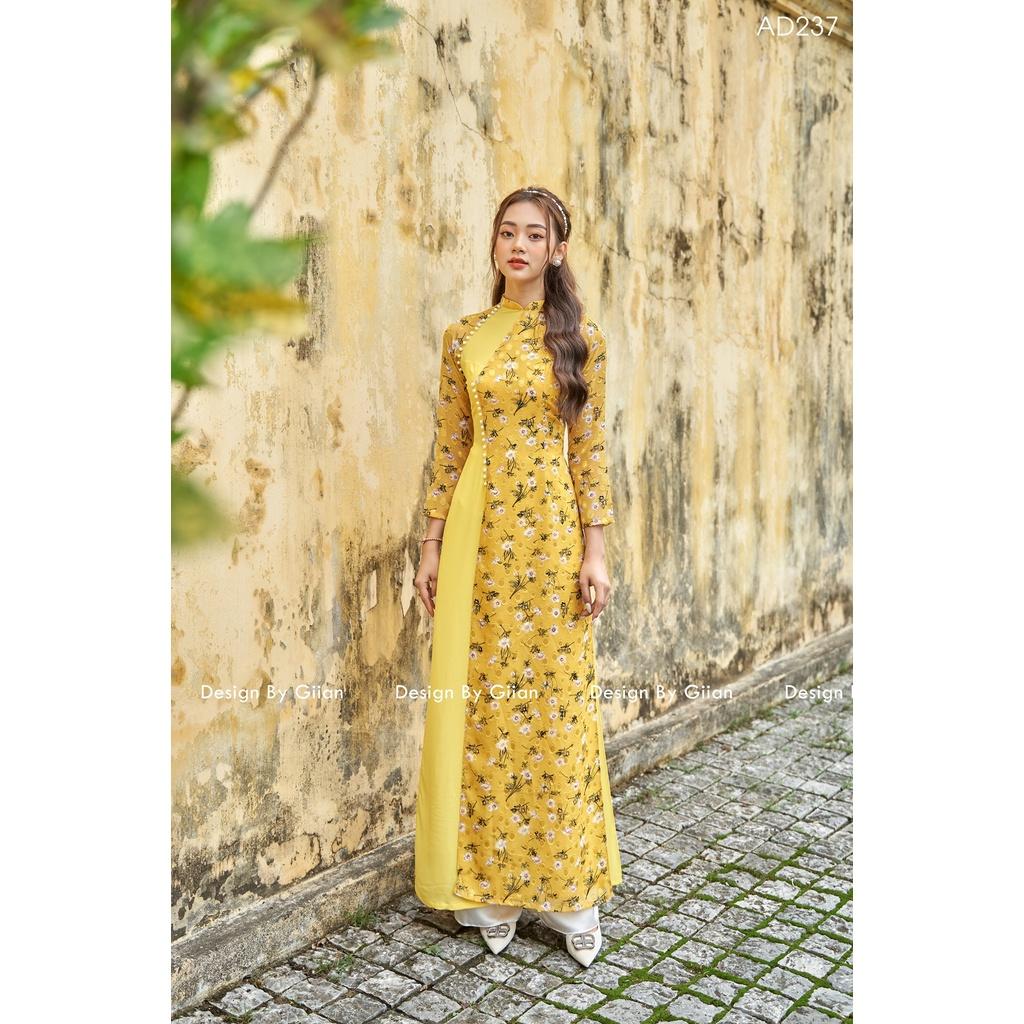Áo dài hoa nhí vàng tà phối lụa siêu cấp nhà MINH ANH Fashion CỐ MAY SỐ ĐO
