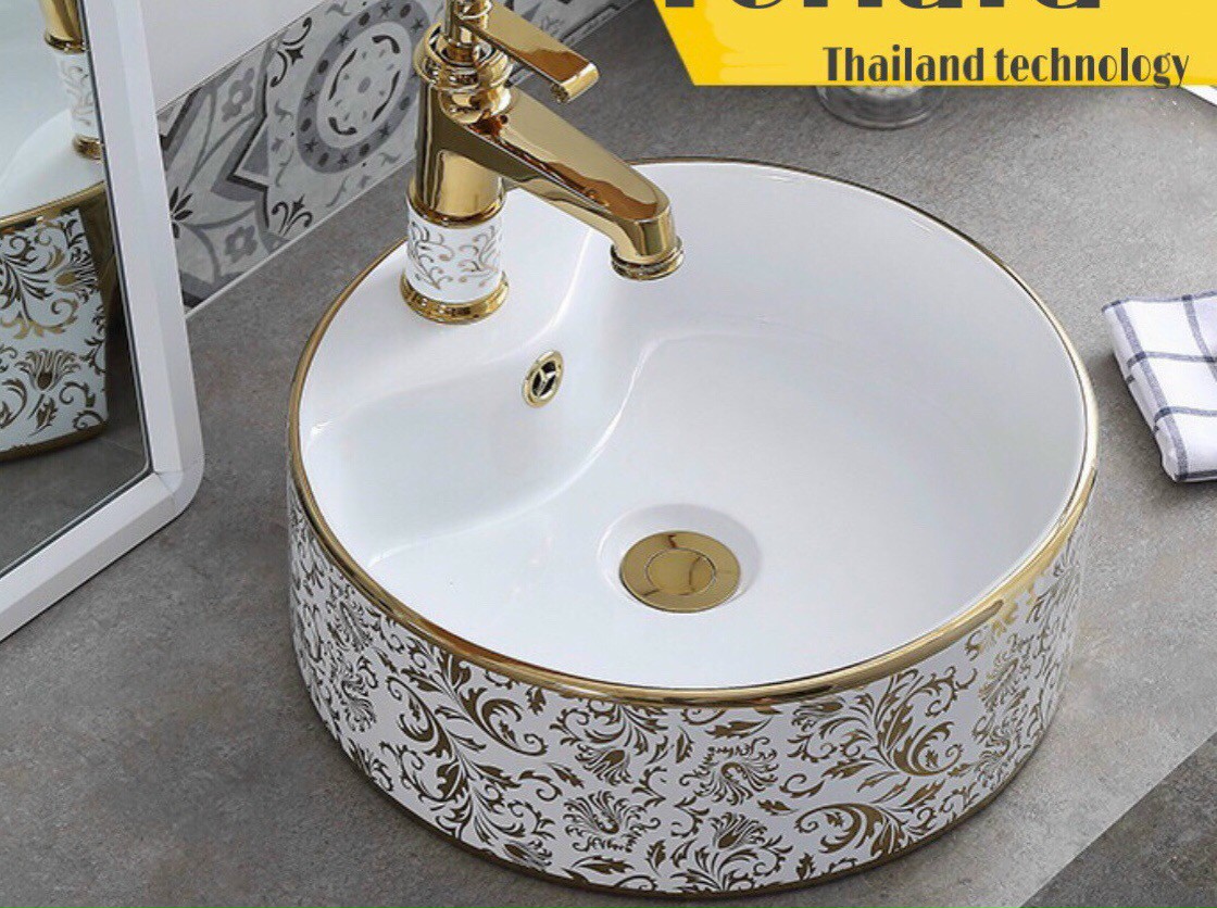 CHẬU RỬA MẶT LAVABO  ĐẶT BÀN HÌNH TRÒN HỌA TIẾT HOA VĂN1 ( VÒI GẮN CHẬU )