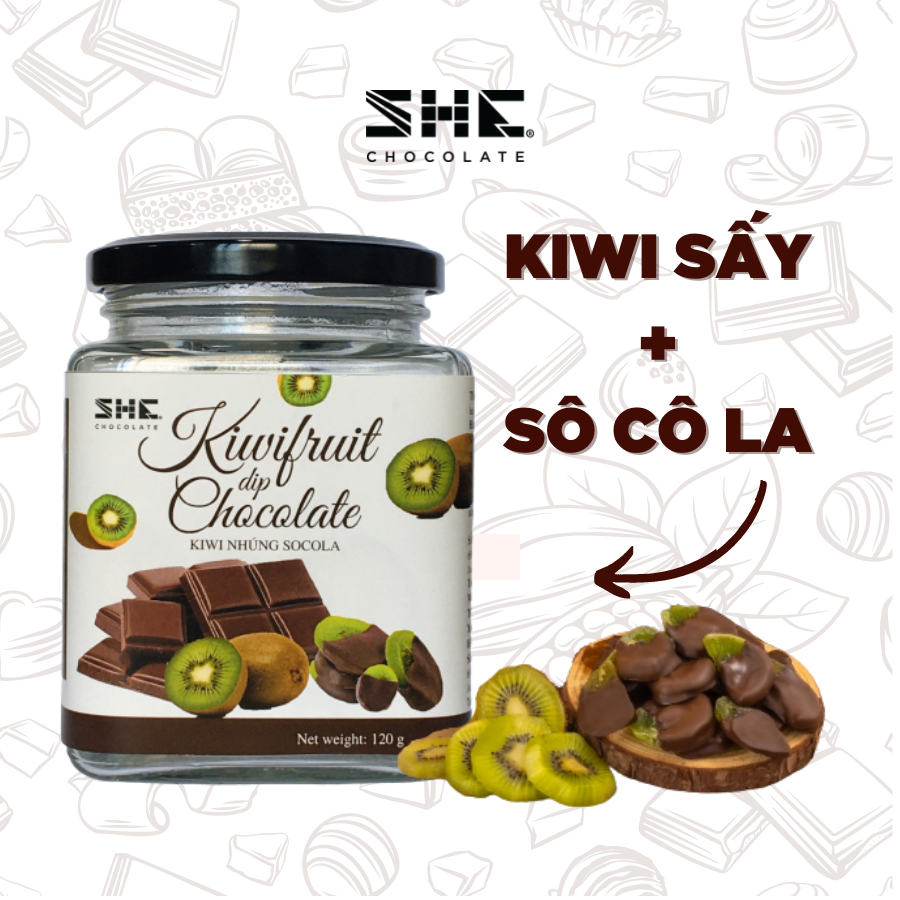 Kiwi nhúng socola - hũ thủy tinh 120g  - SHE Chocolate - Đa dạng vị giác, bổ sung năng lượng. Quà tặng người thân, dịp lễ, thích hợp ăn vặt
