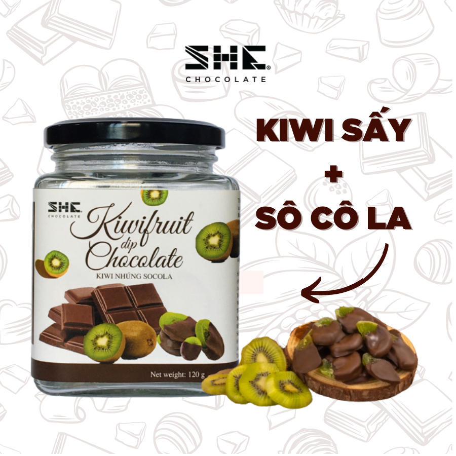 [Quà tặng Tết 2023] Kiwi nhúng socola - hũ thủy tinh 120g  - SHE Chocolate - Hương vị thơm ngon, bổ sung năng lượng. Thích hợp ăn vặt văn phòng, đặc biệt có thể dùng làm quà tặng