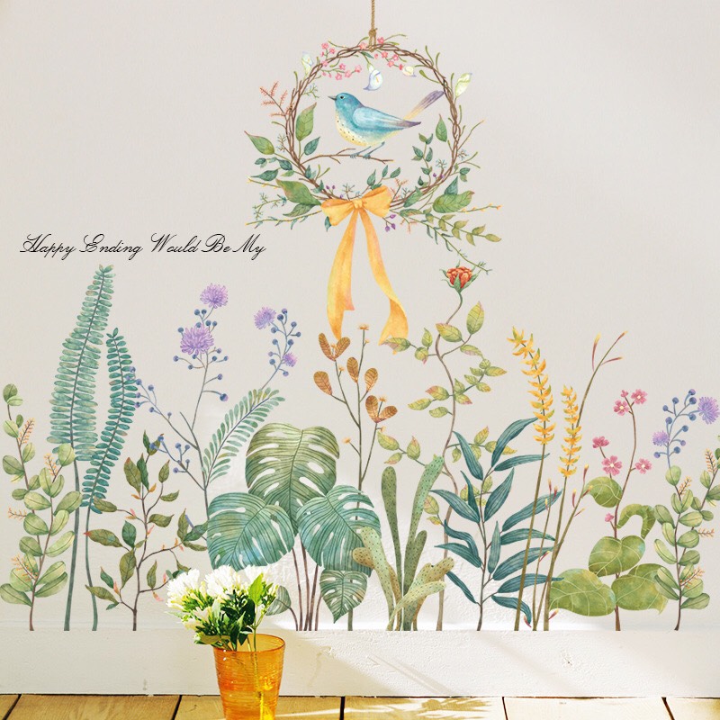 Decal trang trí tường - Vòng hoa có chú chim và những chiếc lá cây xinh xắn