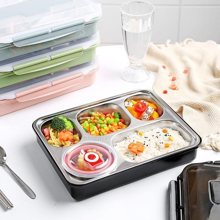 Khay Cơm Inox 5 Ngăn Hàn Quốc Coa Nắp Đậy Tiện Lợi - Free Ship Toàn Quốc