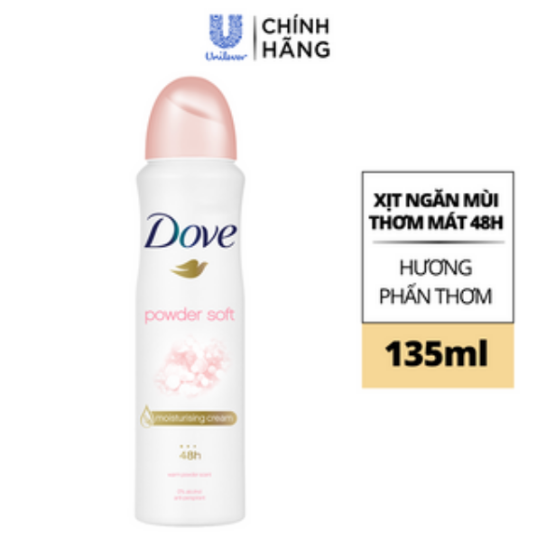 Xịt khử mùi Dove Powder Soft Hương phấn thơm Dưỡng da Sáng mịn dành cho nữ, 135ml