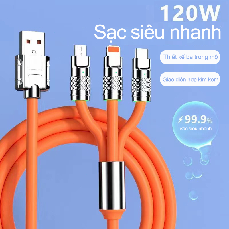 Dây cáp sạc nhanh eXtreme DS5301 cáp sạc 3 đầu 6A type C Android, Light.ning IP, Micro USB đường kính dây lớn - Hàng chính hãng