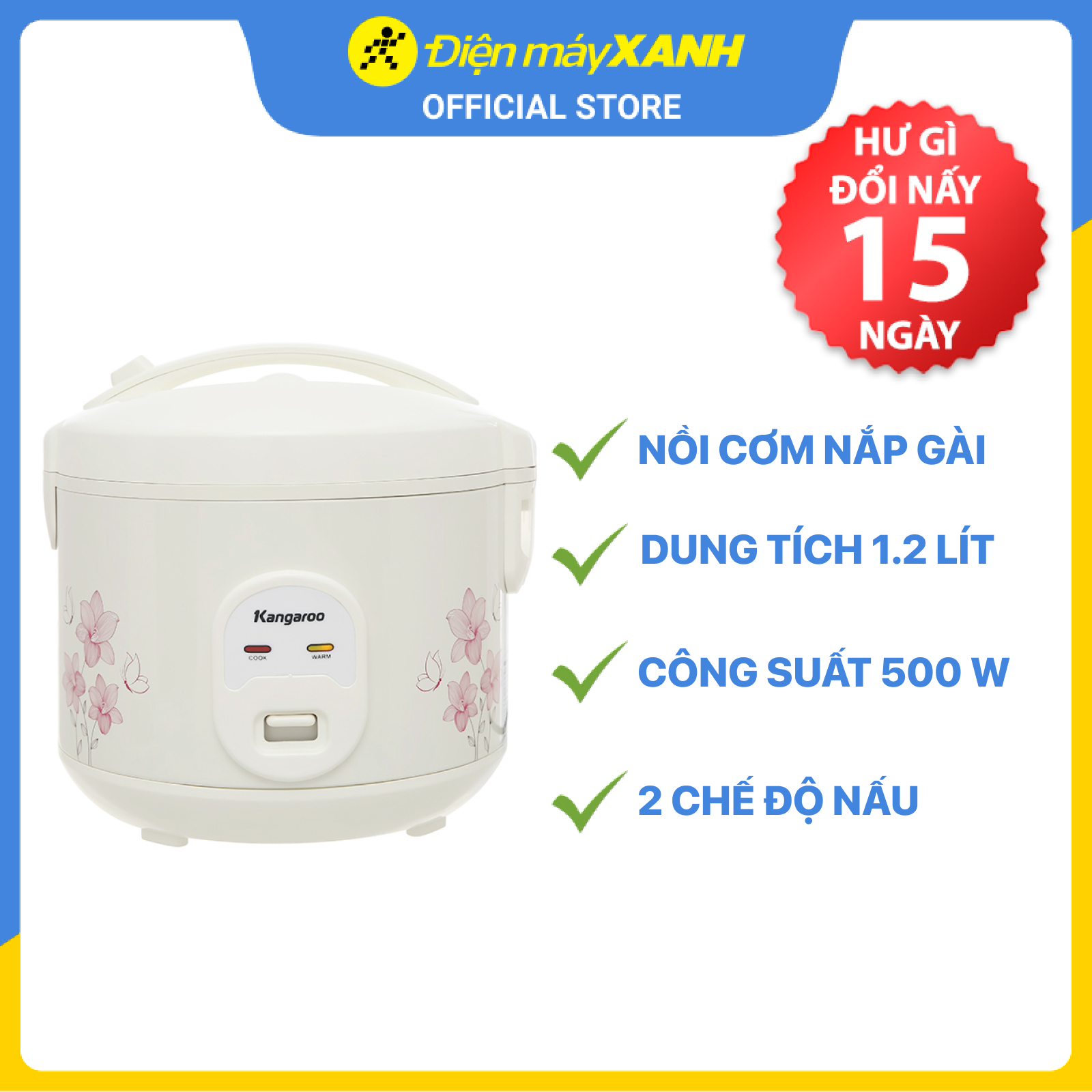 Nồi cơm điện nắp gài Kangaroo 1.2 lít - Hàng chính hãng