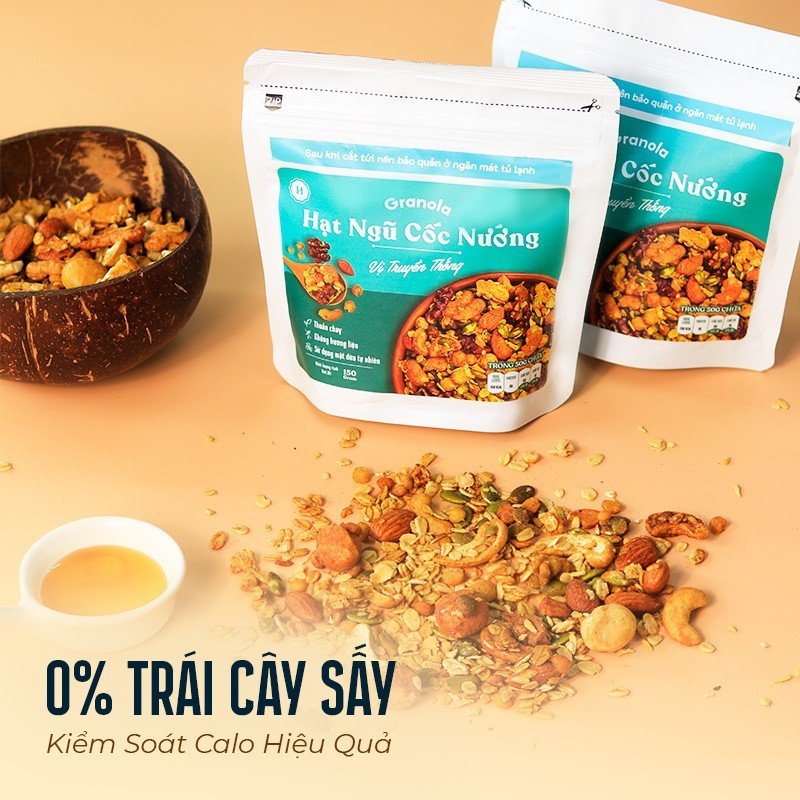 Granola nướng giòn tan - Vị truyền thống túi 400g - Dùng mật dừa nước, 0 trái cây sấy, GI thấp - Hạt ngũ cốc giảm cân - HeydayCacao