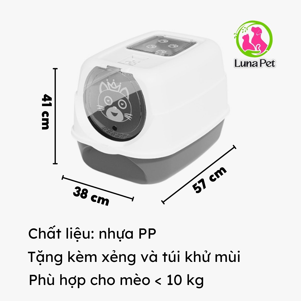 Nhà vệ sinh cho mèo 2 cửa lớn Luna Pet NVS07, Khay cát mèo lớn tặng kèm xẻng
