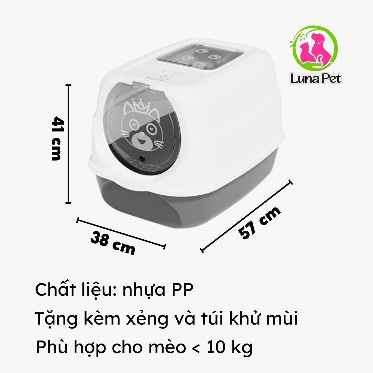 Nhà vệ sinh cho mèo 2 cửa lớn Luna Pet NVS07, Khay cát mèo lớn tặng kèm xẻng