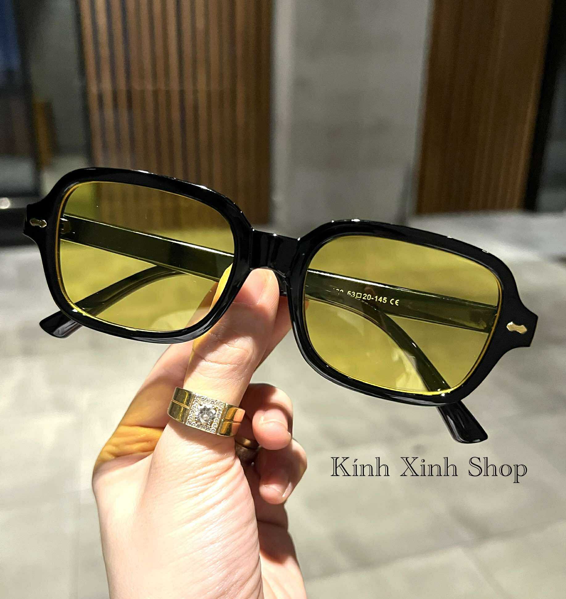 Kính râm màu vàng dáng chữ nhật gọng nhựa dáng dễ đeo không kén mặt cho nam nữ