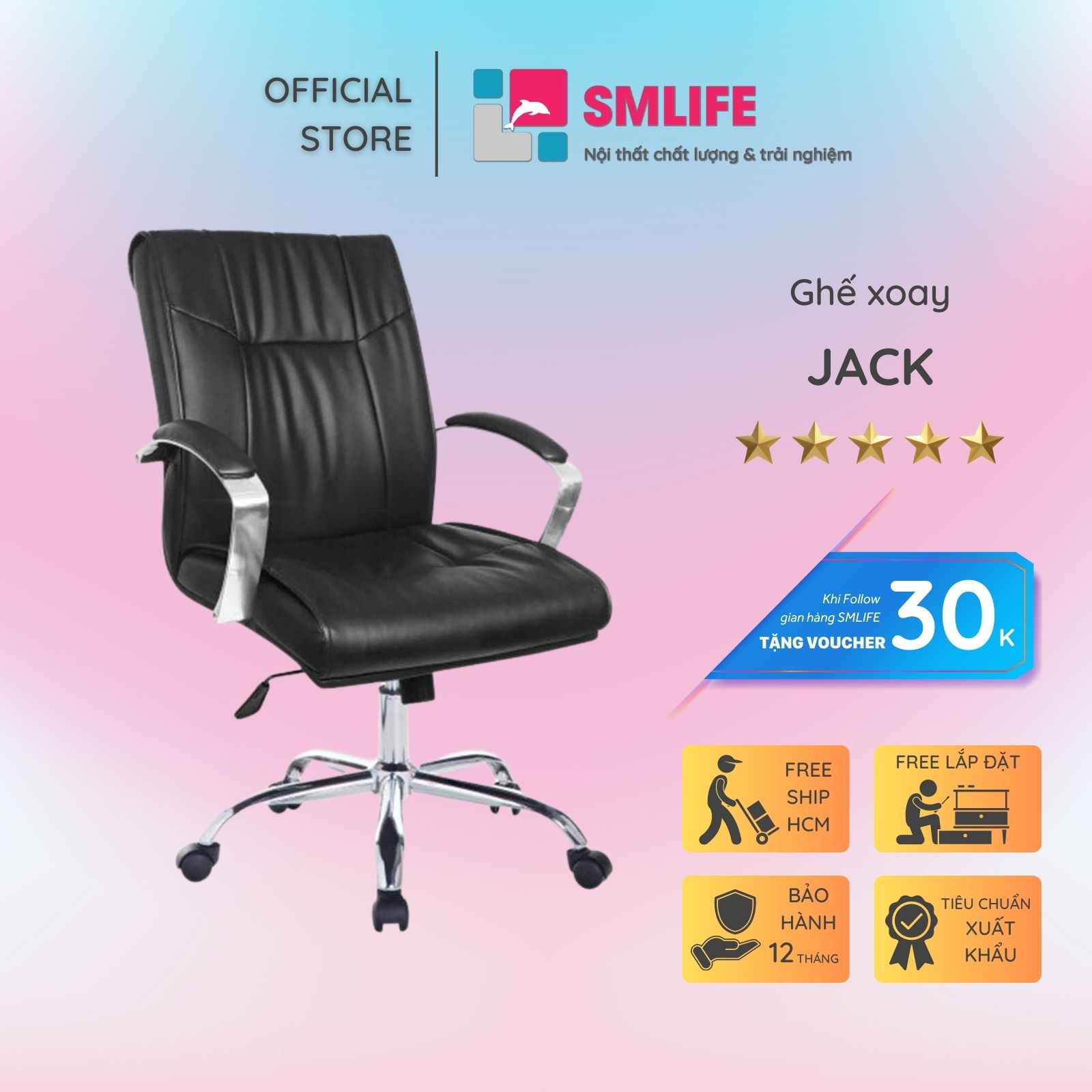 Ghế xoay văn phòng lưng trung bọc da SMLIFE Jack