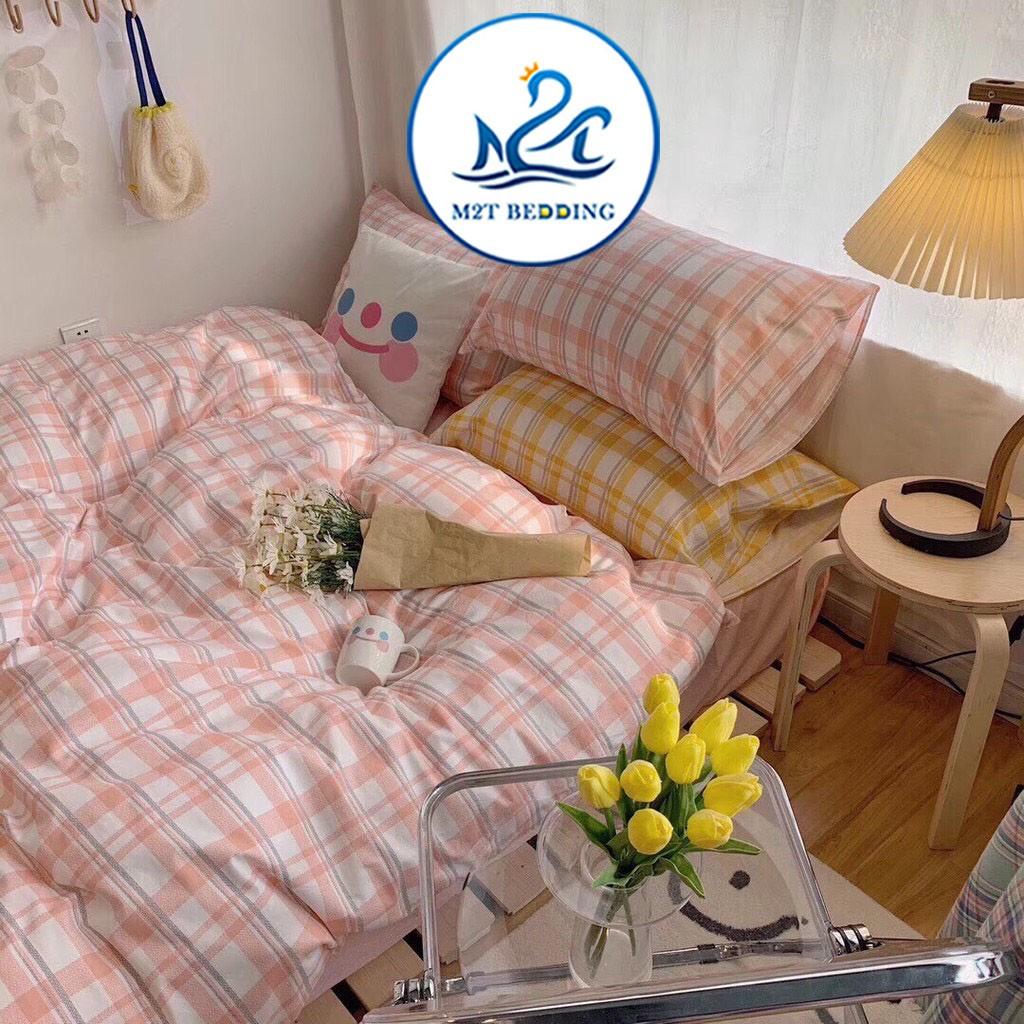 Bộ chăn ga gối Cotton Poly M2T bedding kẻ hồng ga hồng, vỏ chăn mền, drap giường và 2 vỏ gối