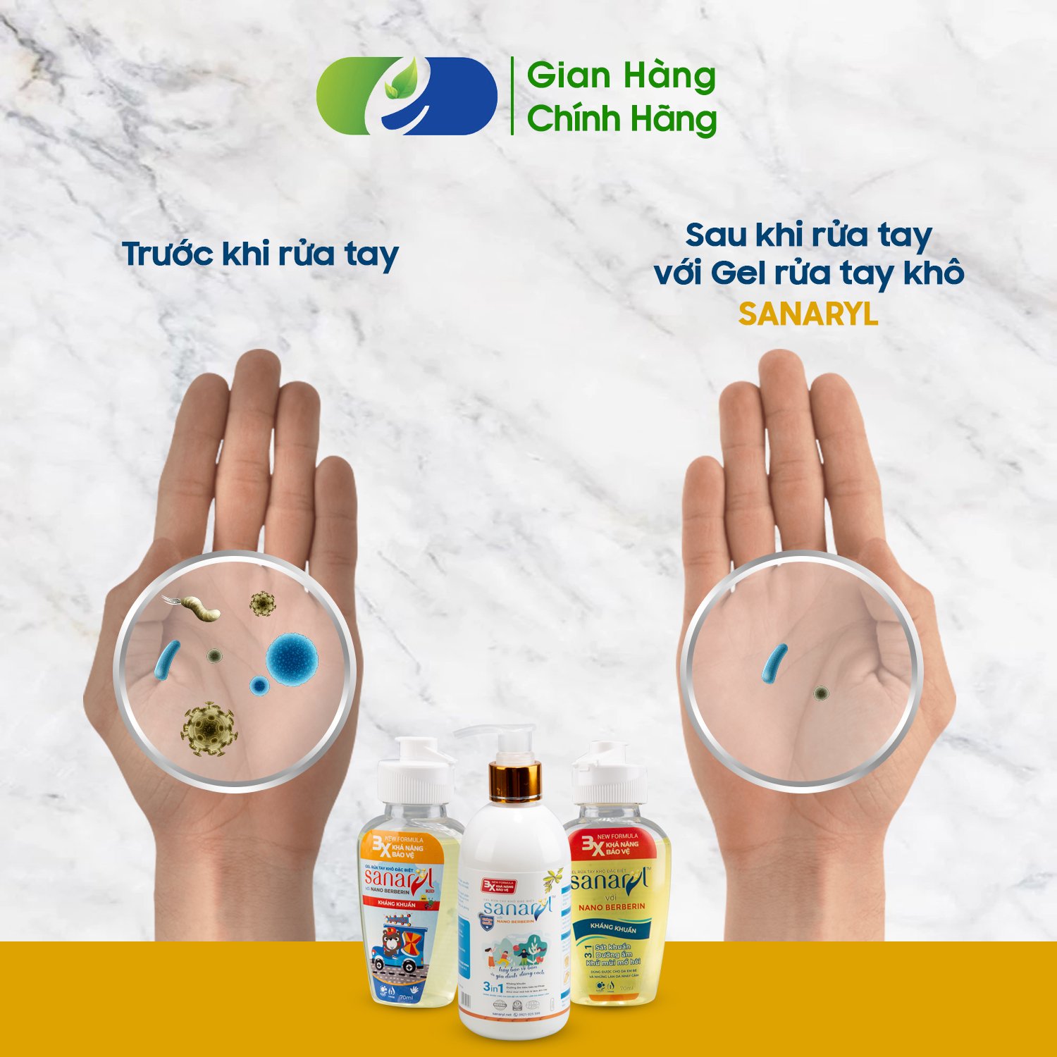 GEL RỬA TAY KHÔ SANARYL 70ML TÁC ĐỘNG 3 TRONG 1 SẠCH KHUẨN ĐẾN 99,9%