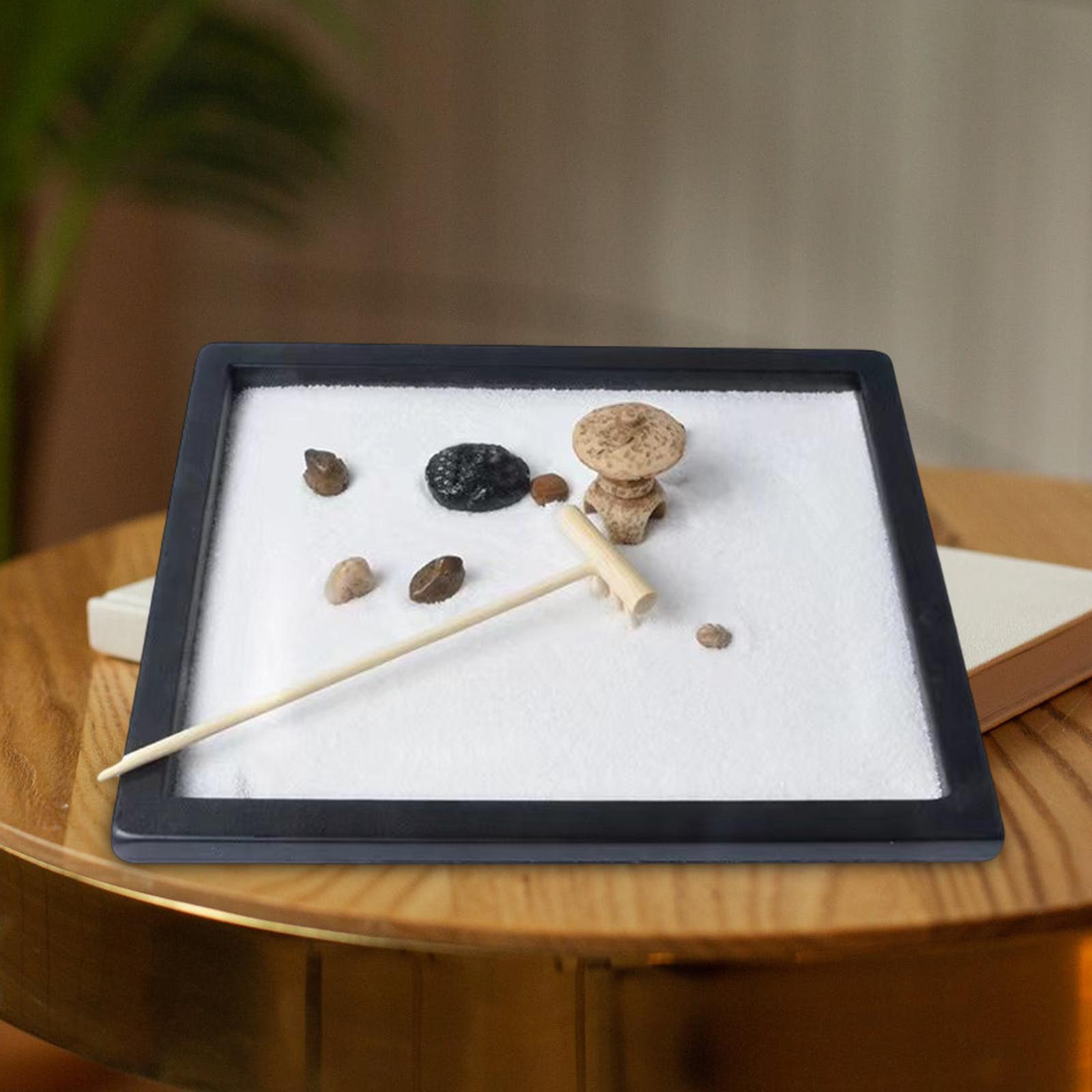 Mini Desk Decoration Gifts Meditation Relaxation Yoga Miniatures Wooden Tray Rake Ornaments Desktop Sandbox Rocks for Living Room Office