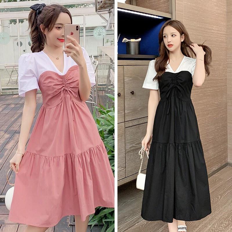 Váy bầu suông tay trắng có dây rút ngực - chất vải đũi Thái cao cấp màu Hồng / Đen - DB01
