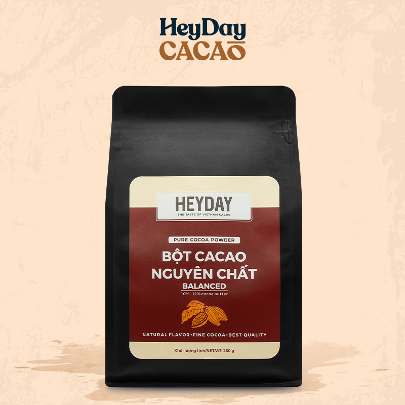 Bột cacao nguyên chất 100% Việt Nam - Dòng Balanced phổ thông túi 250g - Chuyên dùng làm bánh, pha chế cho quán cà phê - Heyday Cacao