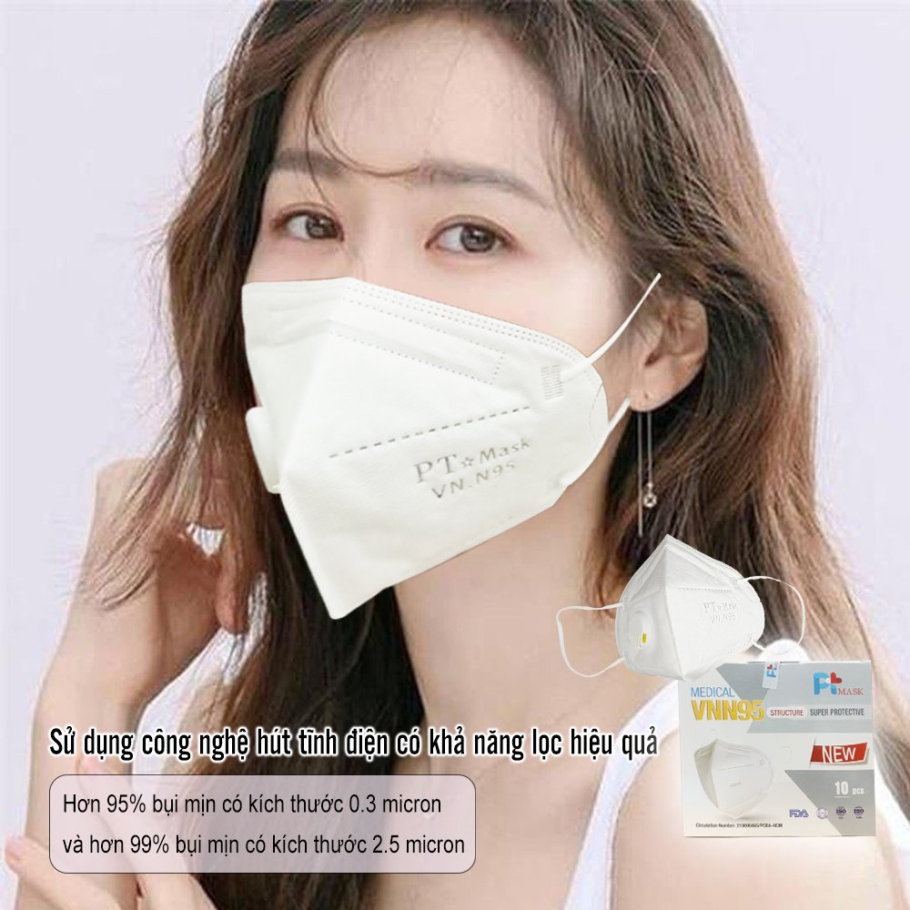 Hộp 10 Cái Khẩu Trang VNN95 PT Mask, Có Van Thở, kháng Khuẩn, Chống Bụi Siêu Mịn PM2.5, Màu Trắng - Đạt Các Chứng Chỉ ISO 13485, ISO 9001, CE, FDA.