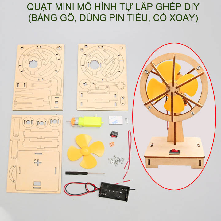 Quạt mini mô hình tự lắp ráp bằng gỗ DIY, dùng pin tiểu, loại có thể quay