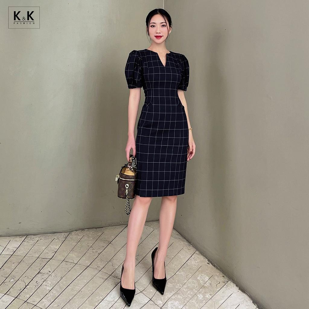 Đầm Chữ A Họa Tiết Caro Cổ V K&amp;K Fashion KK115-01 Chất Liệu Mango