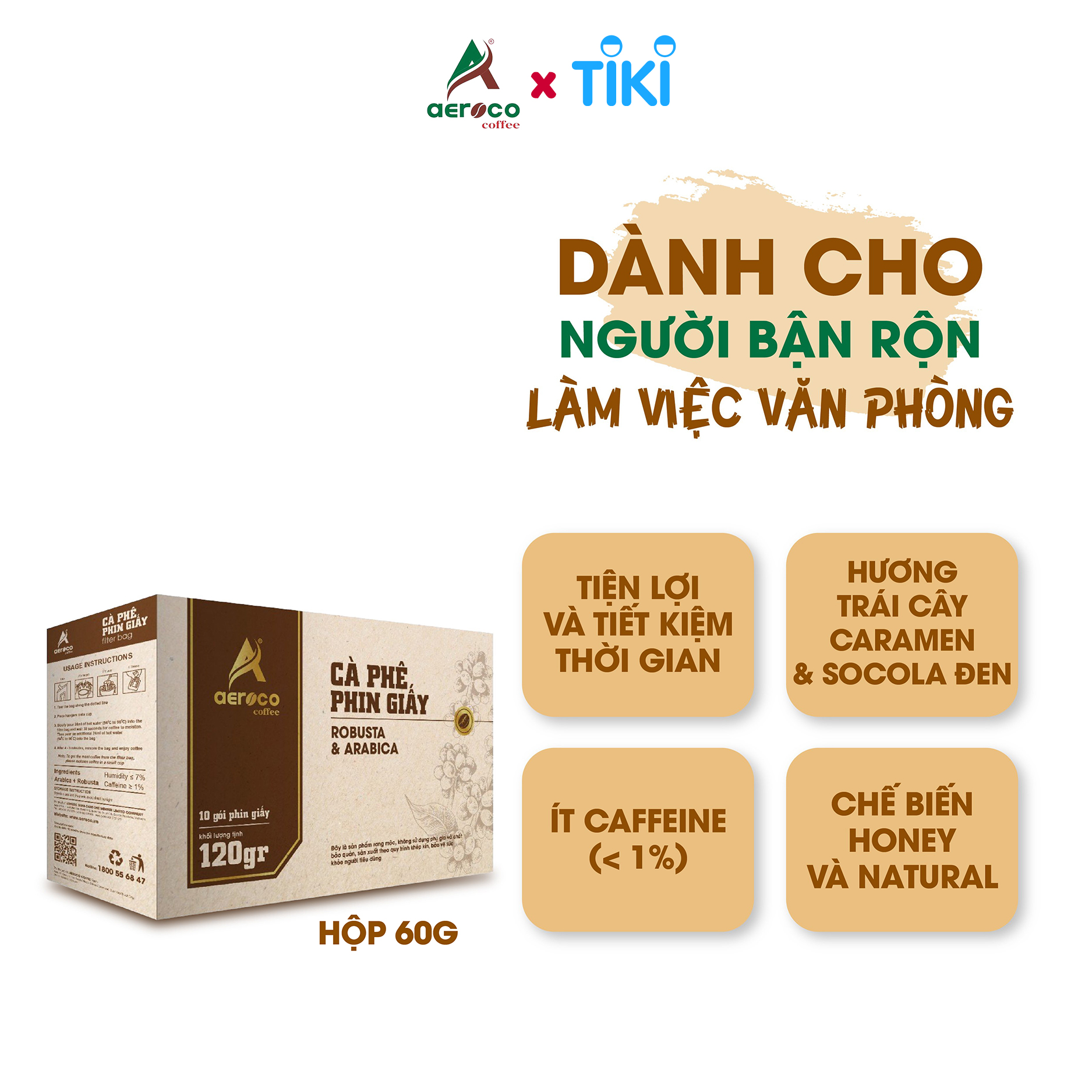 [05 túi lọc*12gr] Cà phê phin giấy AEROCO, hộp 60g, nguyên chất 100% rang mộc hậu vị ngọt thơm quyến rũ