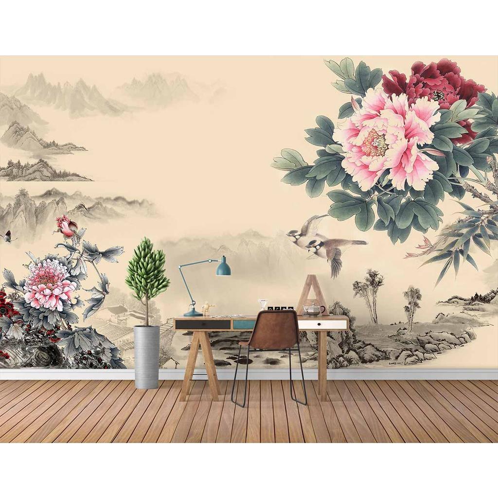 Tranh dán tường hoa mẫu đơn đỏ