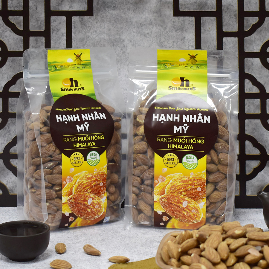 Hạt Hạnh Nhân Tách Vỏ Mỹ Rang Muối Hồng Himalaya Smilenuts _ Trọng lượng 265g/350g/500g - Hạt Hạnh Nhân Smilenuts size 23/25 chuẩn Mỹ, giúp điều hòa cholestero, giòn béo thơm ngon